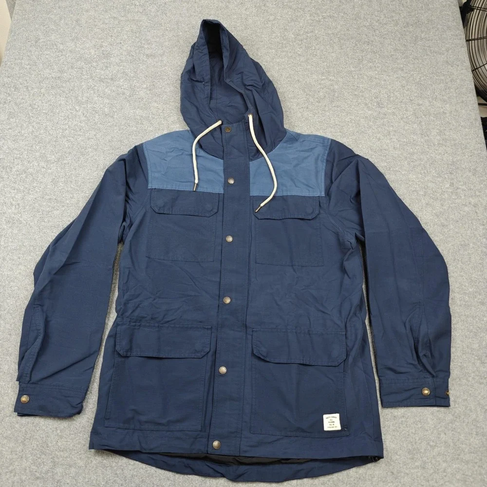 Roots Jacket Mens Medium Blue Canvas Hooded Full Zip Anorak Lined Pockets